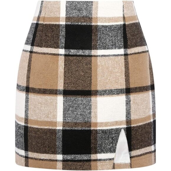 Dresses & Skirts - Plaid Mini Skirt Womens Wool Blend High Waist Slit Above Knee Casual